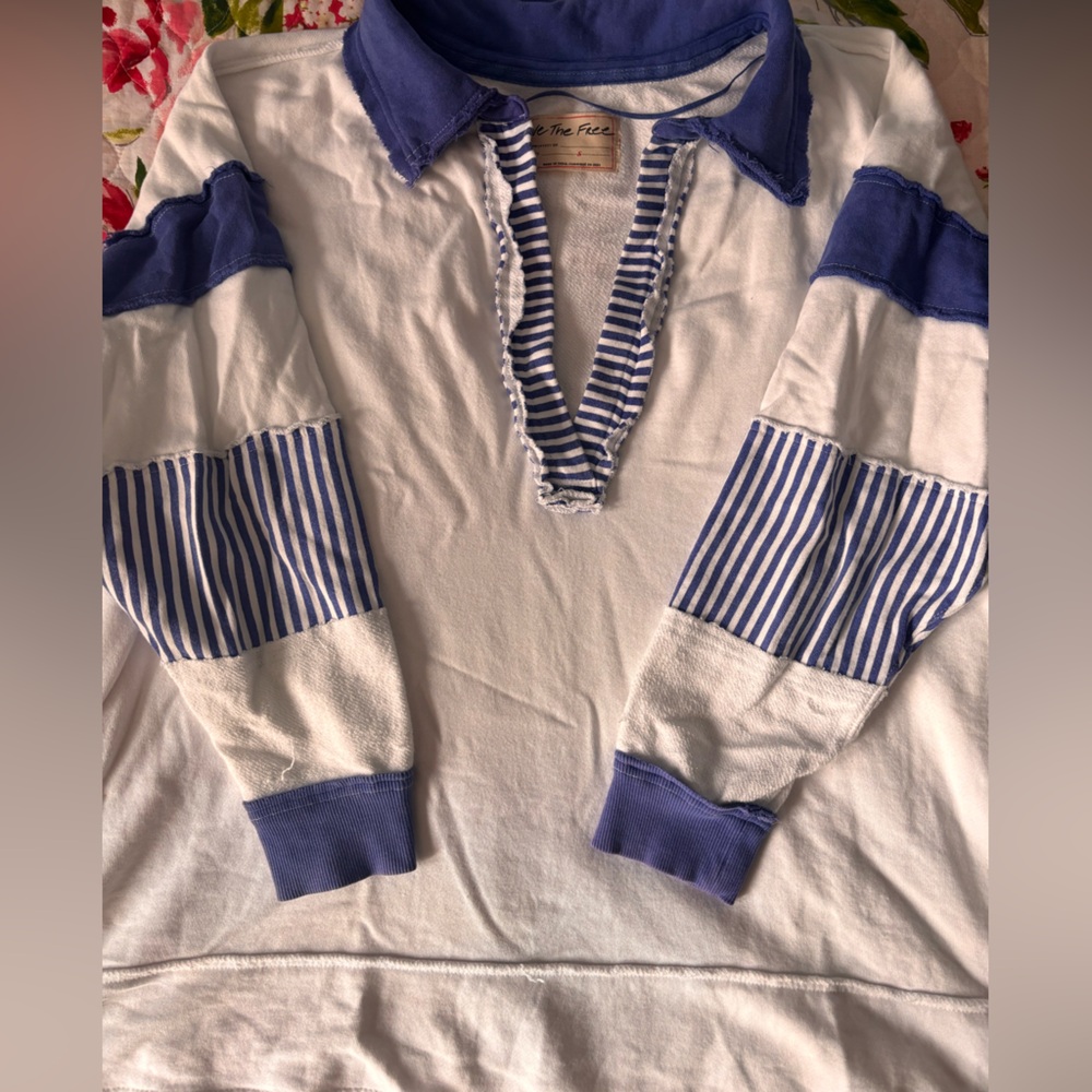 Free People We the Free Clean Prep Polo White Blue Sailor Pullover Sweater - Picture 6 of 11